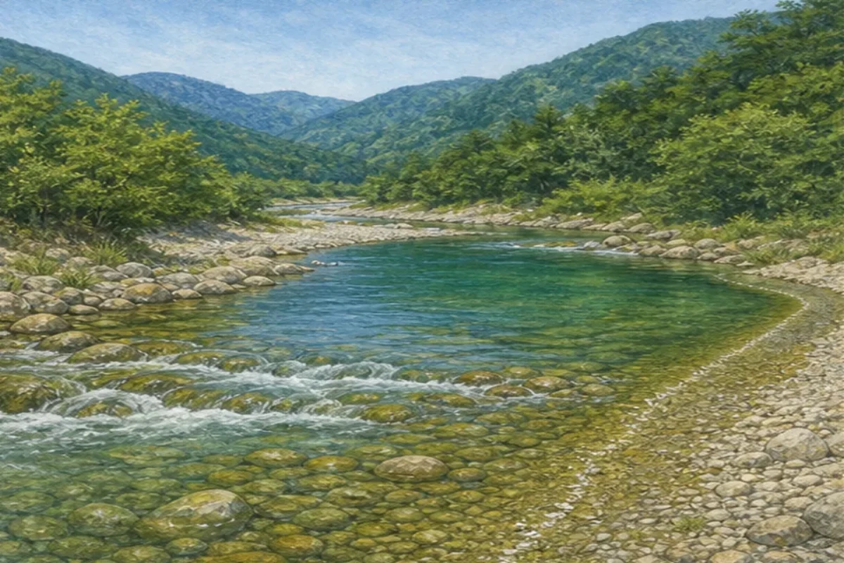 산청 양천강의 강 경계와 관리 표지, 안전한 퇴로를 설명하는 개념 이미지
