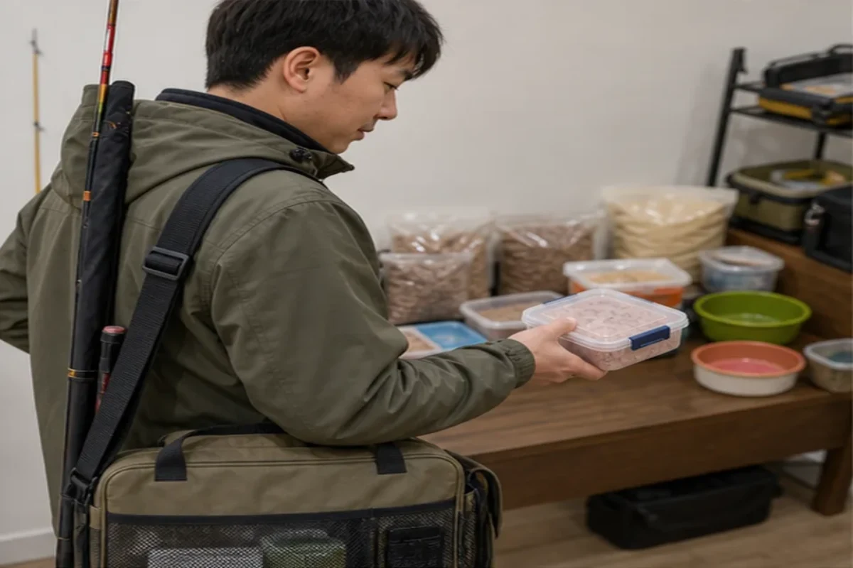 첫 출조에 미끼 한 종류만 챙기는 이유에서 미끼 상태와 바늘 위치를 비교하는 민물낚시 안내 그림