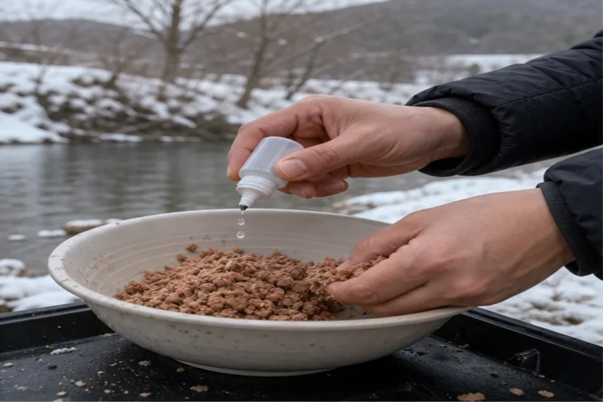 추운 날 굳은 떡밥 조금씩 되살리기에서 미끼 상태와 바늘 위치를 비교하는 민물낚시 안내 그림