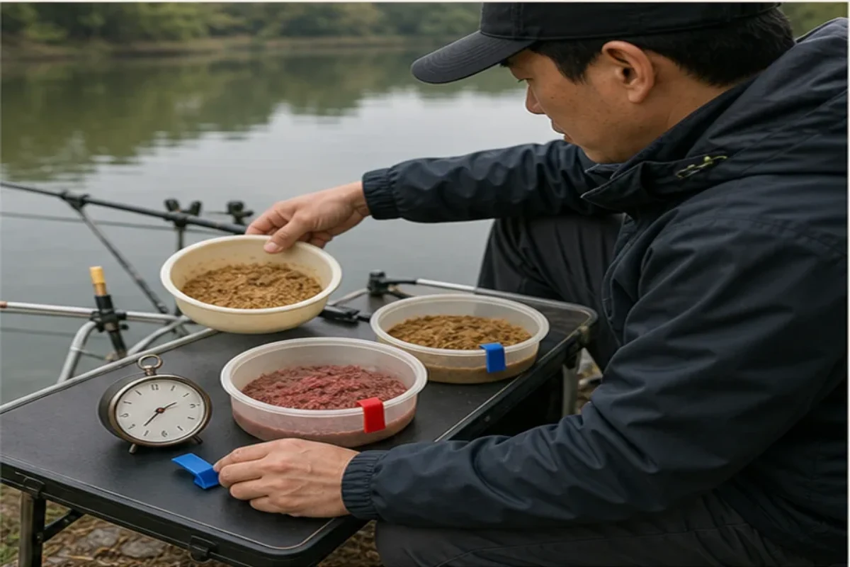 미끼 교체 시간을 적고 반응 비교하기에서 미끼 상태와 바늘 위치를 비교하는 민물낚시 안내 그림