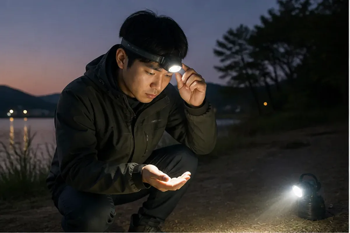 조작 방식 확인 동작과 중단 신호를 보여 주는 민물낚시 안내 그림