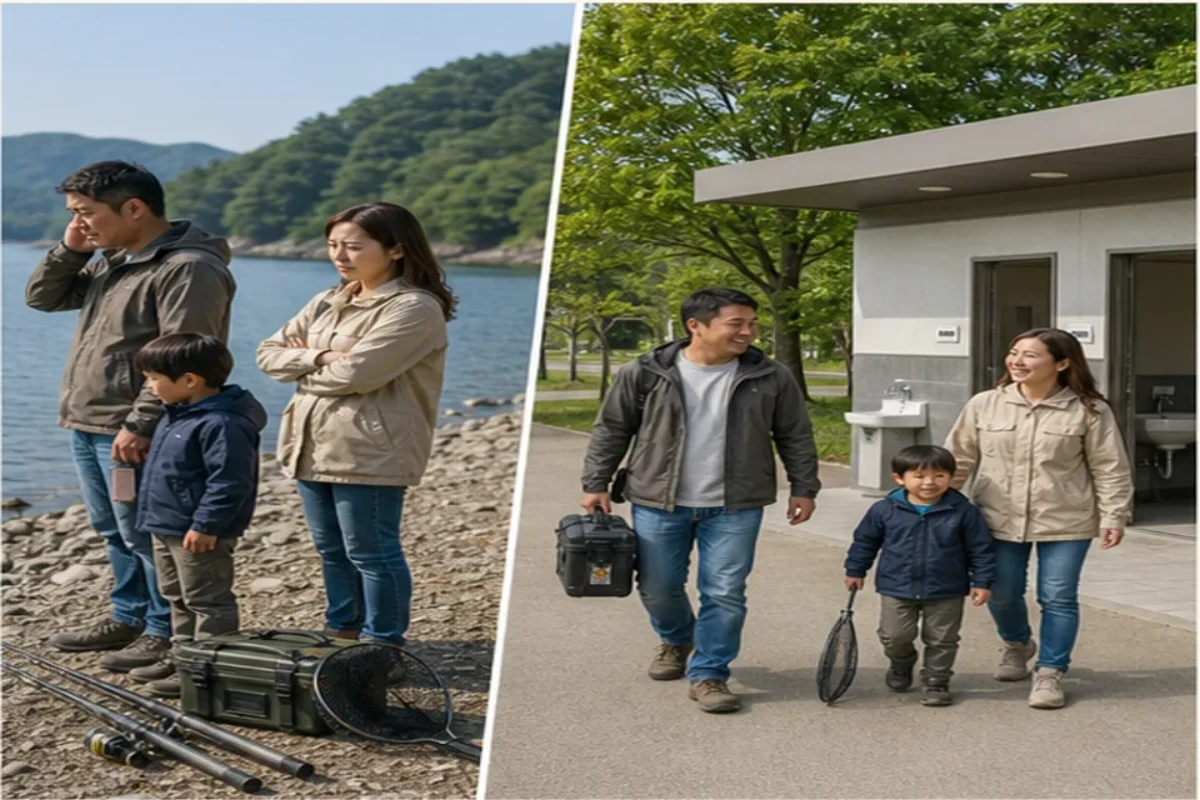 민물낚시 안전 판단을 보여 주는 안내 그림: 있다는 표시보다 열려 있는지를 묻습니다