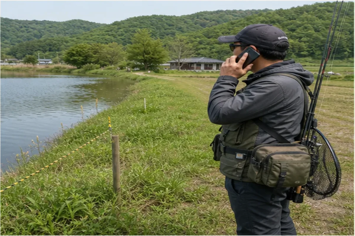 민물낚시 안전 판단을 보여 주는 안내 그림: 울타리가 없어도 경계에서 멈춥니다