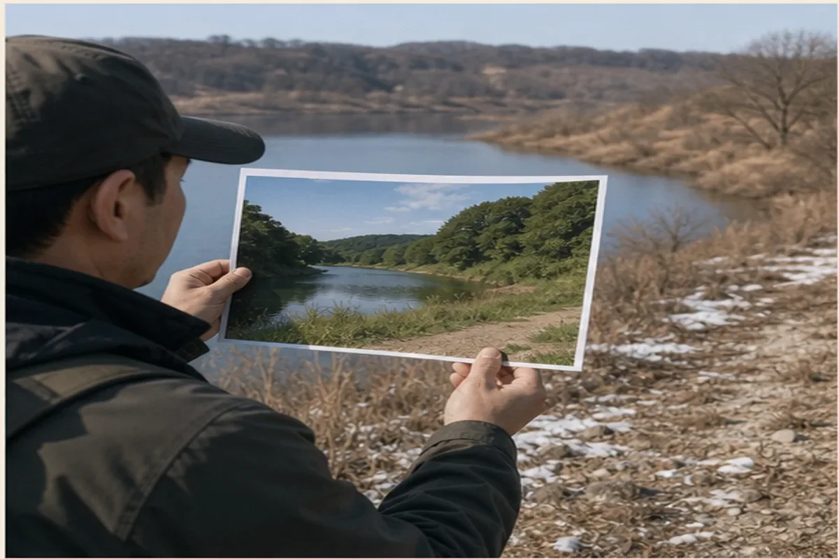 민물낚시 안전 판단을 보여 주는 안내 그림: 사진 속 계절을 현재와 분리합니다