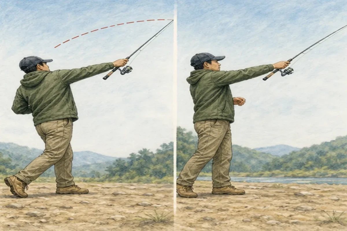 던지는 거리가 들쭉날쭉할 때 자세 고치기의 핵심 손동작과 판단 지점을 보여 주는 민물낚시 안내 그림