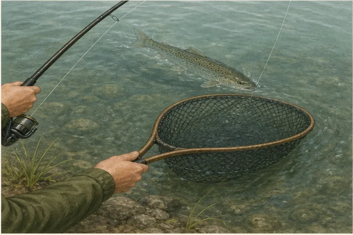뜰채를 물고기 머리 쪽으로 대는 이유의 핵심 손동작과 판단 지점을 보여 주는 민물낚시 안내 그림