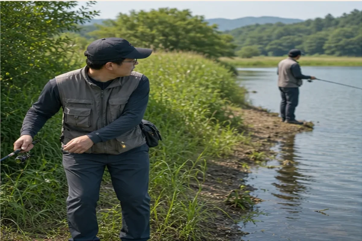 좁은 자리에서 뒤를 확인하고 던지기의 핵심 손동작과 판단 지점을 보여 주는 민물낚시 안내 그림