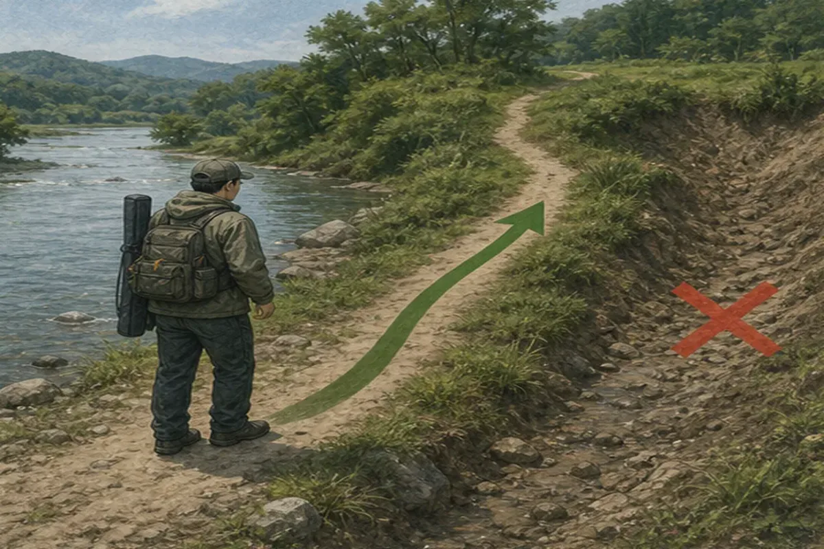 퇴로 확인 동작과 중단 신호를 보여 주는 민물낚시 안내 그림
