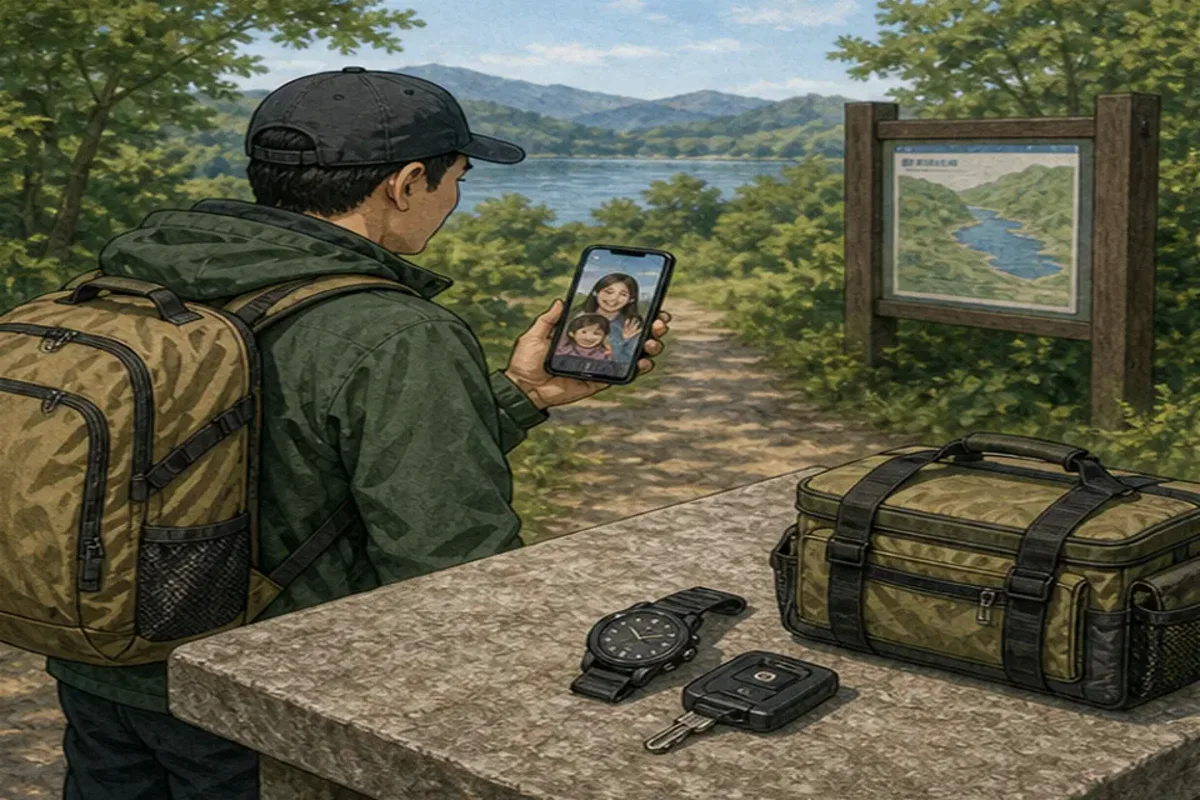 위치 공유 확인 동작과 중단 신호를 보여 주는 민물낚시 안내 그림