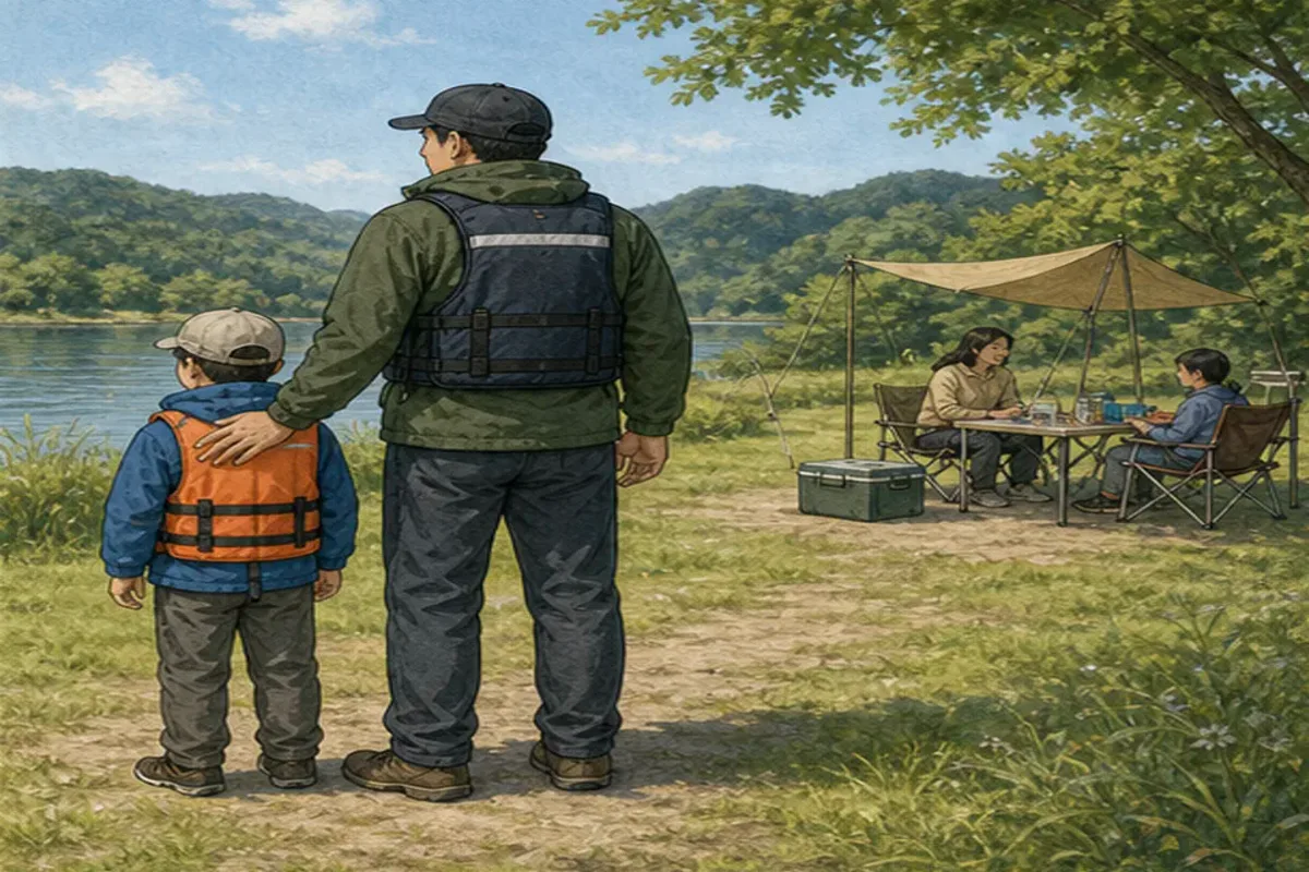 안전선 확인 동작과 중단 신호를 보여 주는 민물낚시 안내 그림