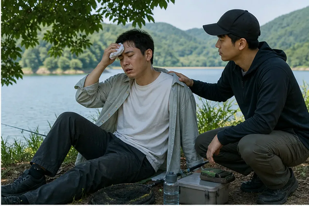 열탈진 확인 동작과 중단 신호를 보여 주는 민물낚시 안내 그림