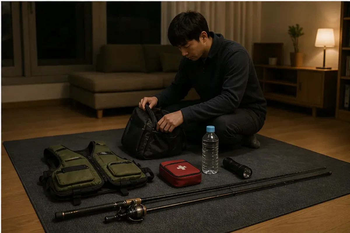 최종 점검 확인 동작과 중단 신호를 보여 주는 민물낚시 안내 그림
