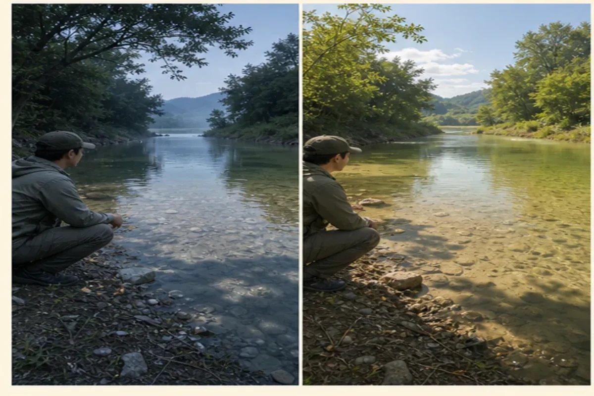 봄 얕은 물의 빠른 온도 변화 읽기의 핵심 손동작과 판단 지점을 보여 주는 민물낚시 안내 그림
