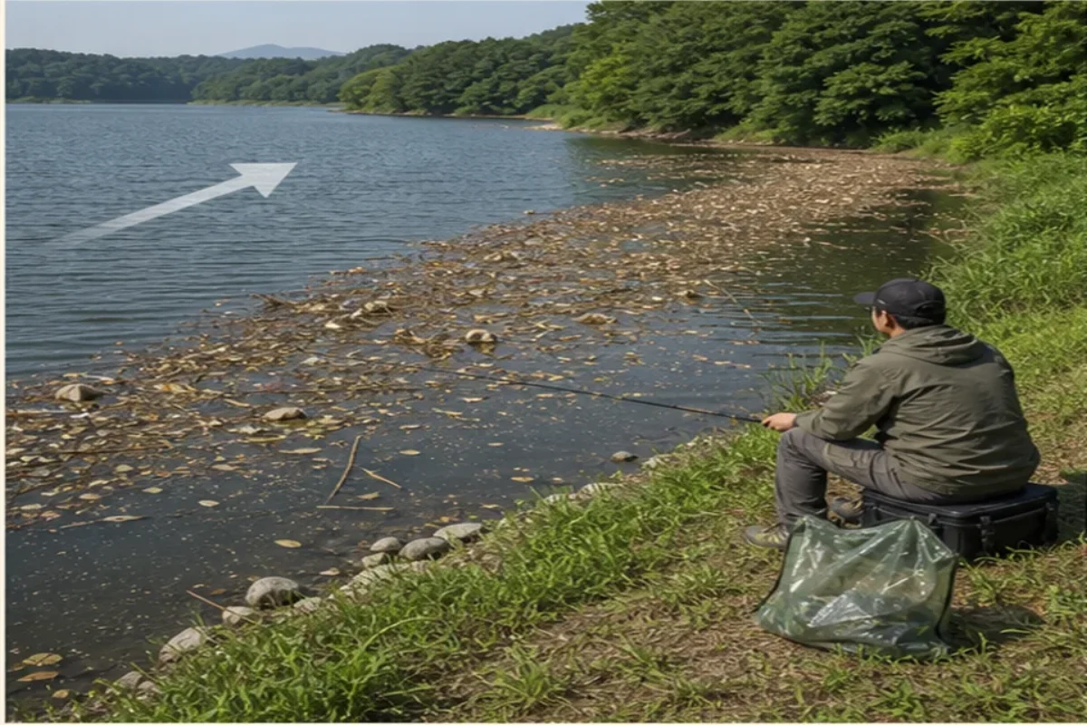 민물낚시 안전 판단을 보여 주는 안내 그림: 쓰레기 방향을 물속 흐름으로 단정하지 않습니다