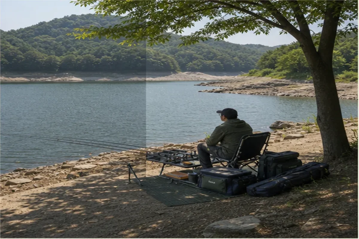 민물낚시 안전 판단을 보여 주는 안내 그림: 현재 그늘이 아니라 다음 그늘을 찾습니다