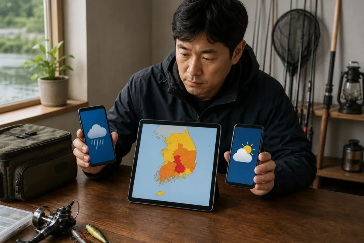 민물낚시 안전 판단을 보여 주는 안내 그림: 앱 이름보다 지점과 시각을 맞춥니다